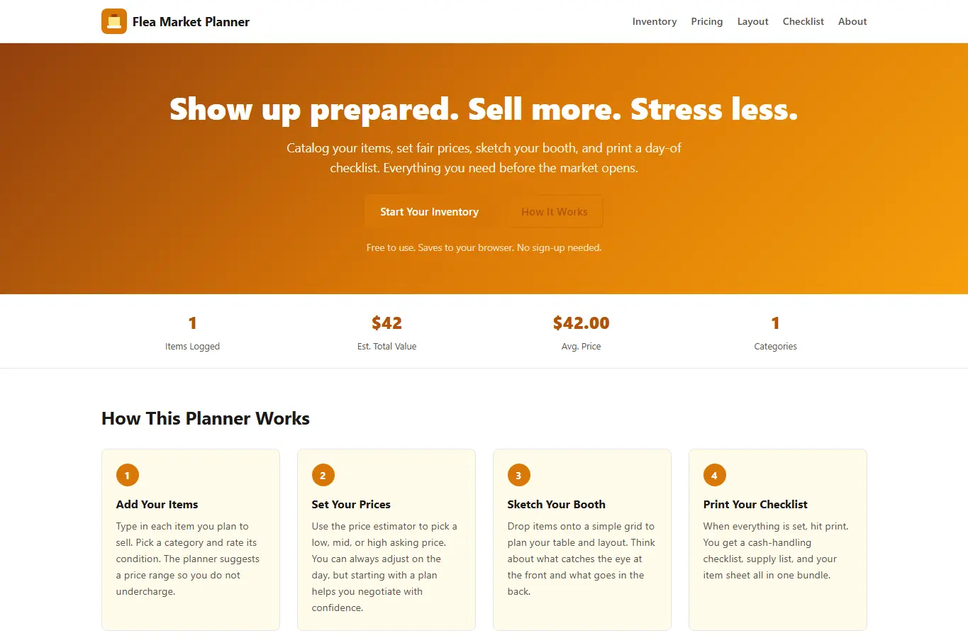 Screenshot of Flea Market Prep & Pricing Planner interface showing the project page in use